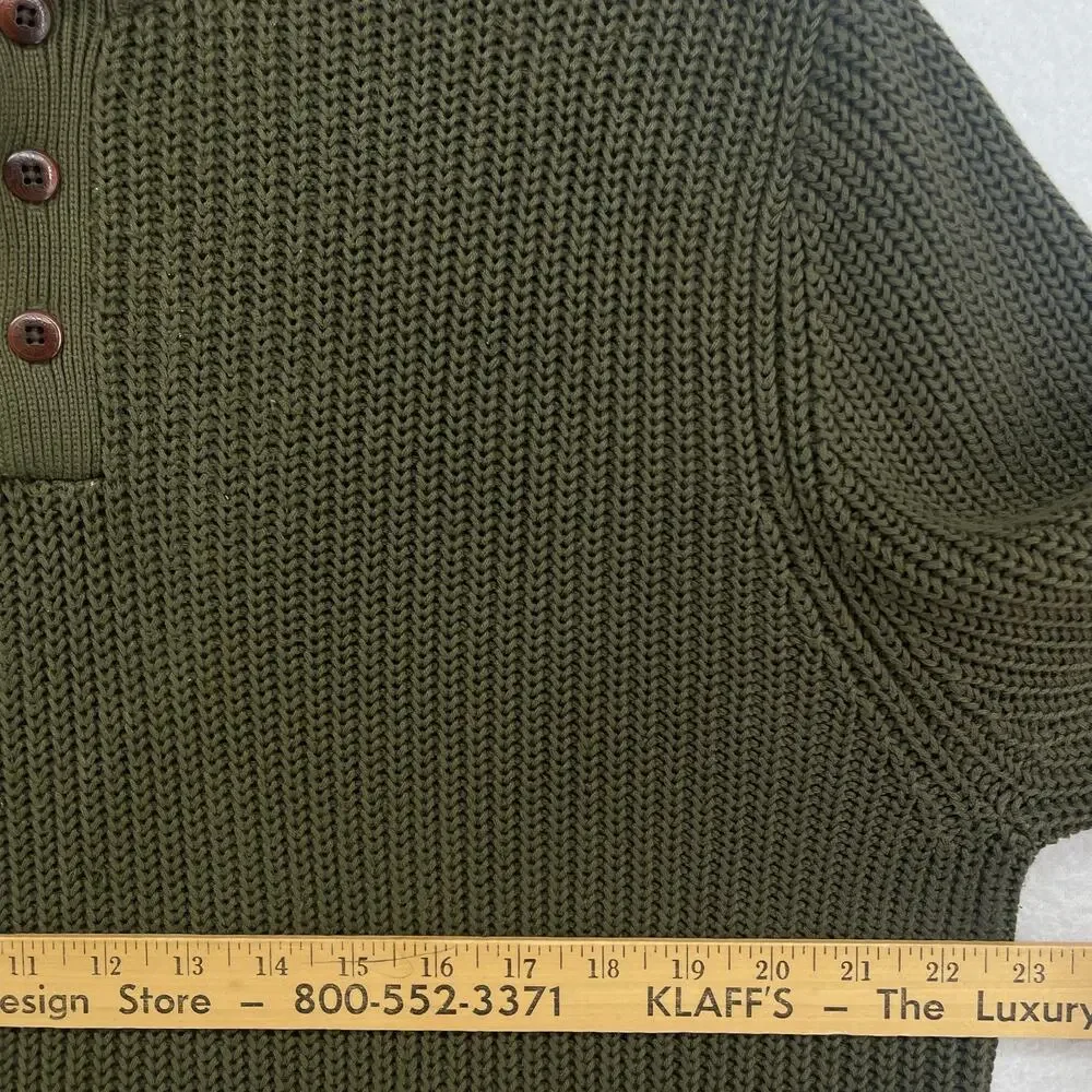 LL BEAN Sweater Mens L Henley Half Button Ribbed Pullover Heavy Cotton Green